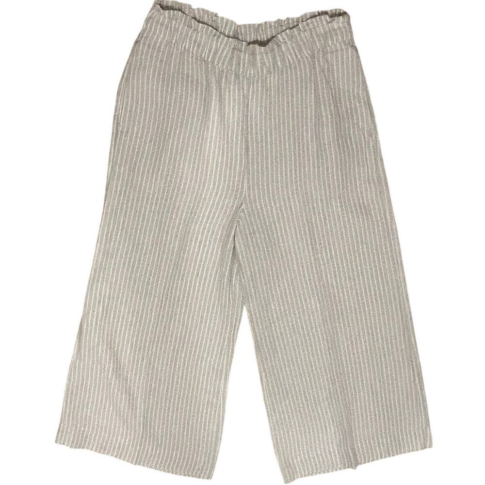 Chico's beige white striped 100% linen cropped pull on wide leg pants beach 12